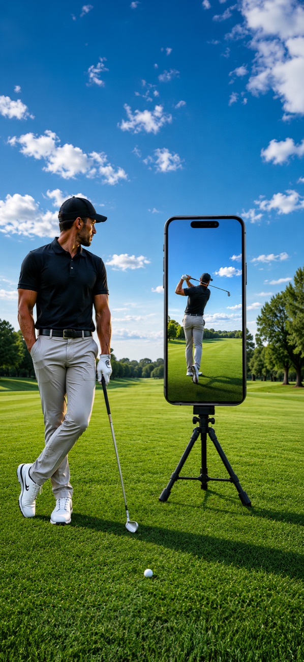 A golfer at the range watching his swing replay on a phone-sized screen